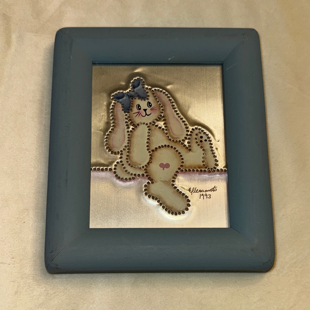 Vintage! The Pleasant Look Framed Hand Punched + Painted Tin Bunny Artwork - Picture 1 of 8